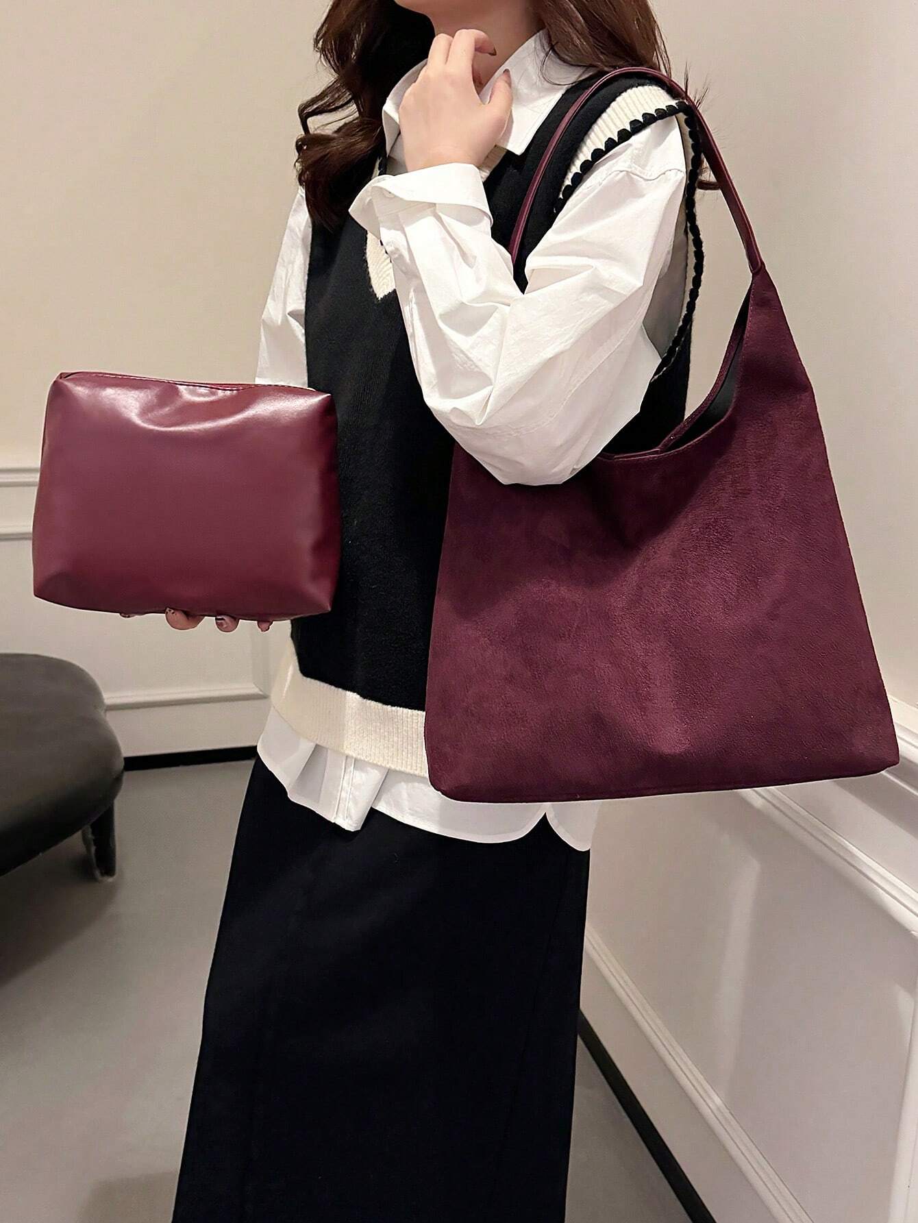 2pc Burgundy Sued Casual Bag